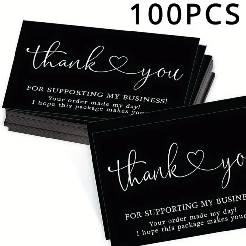 Black Thank You Cards with White Text - 100 PCS